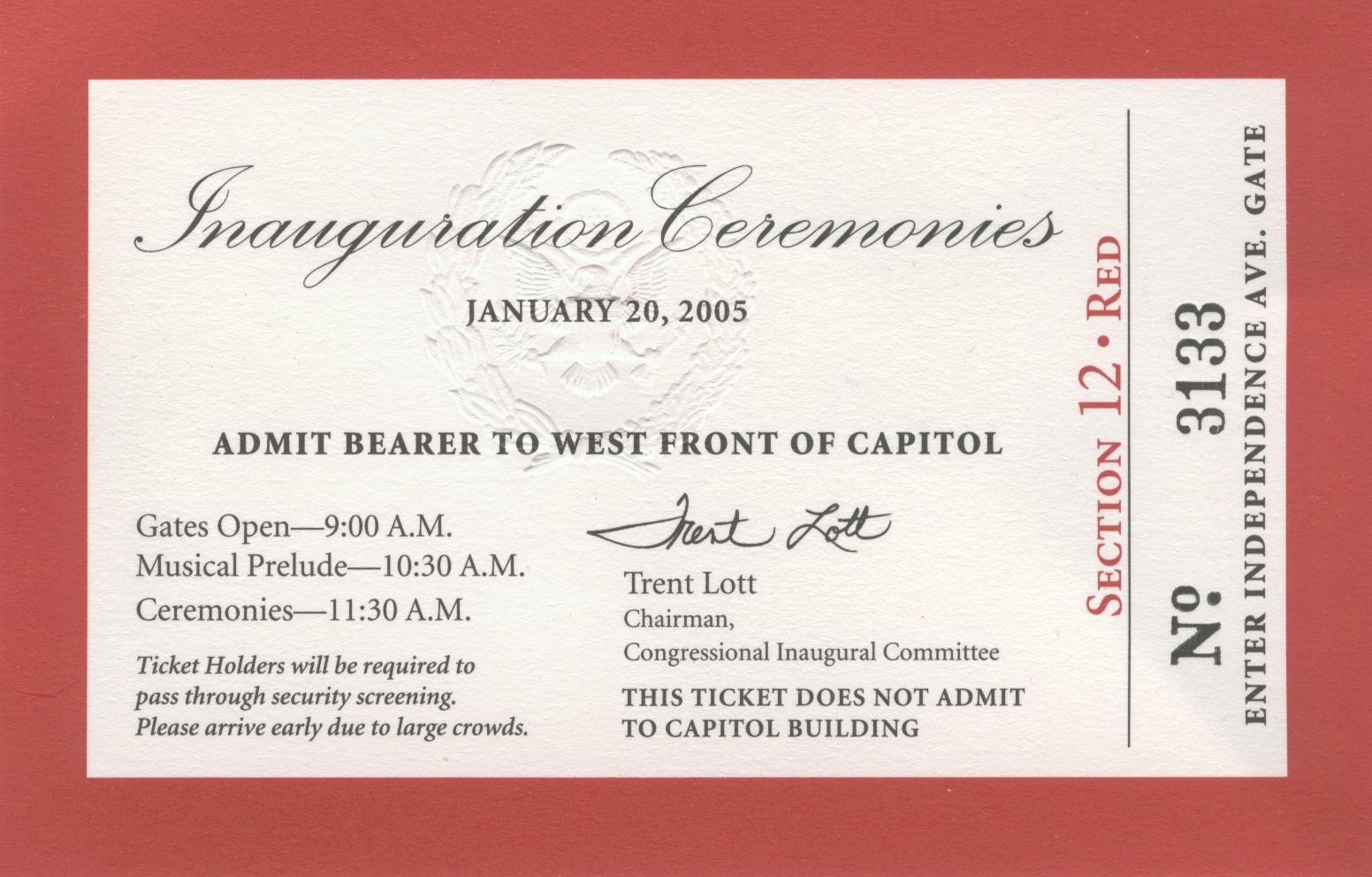 George W. Bush 2005 Official Inaugural Ticket  (Obverse)